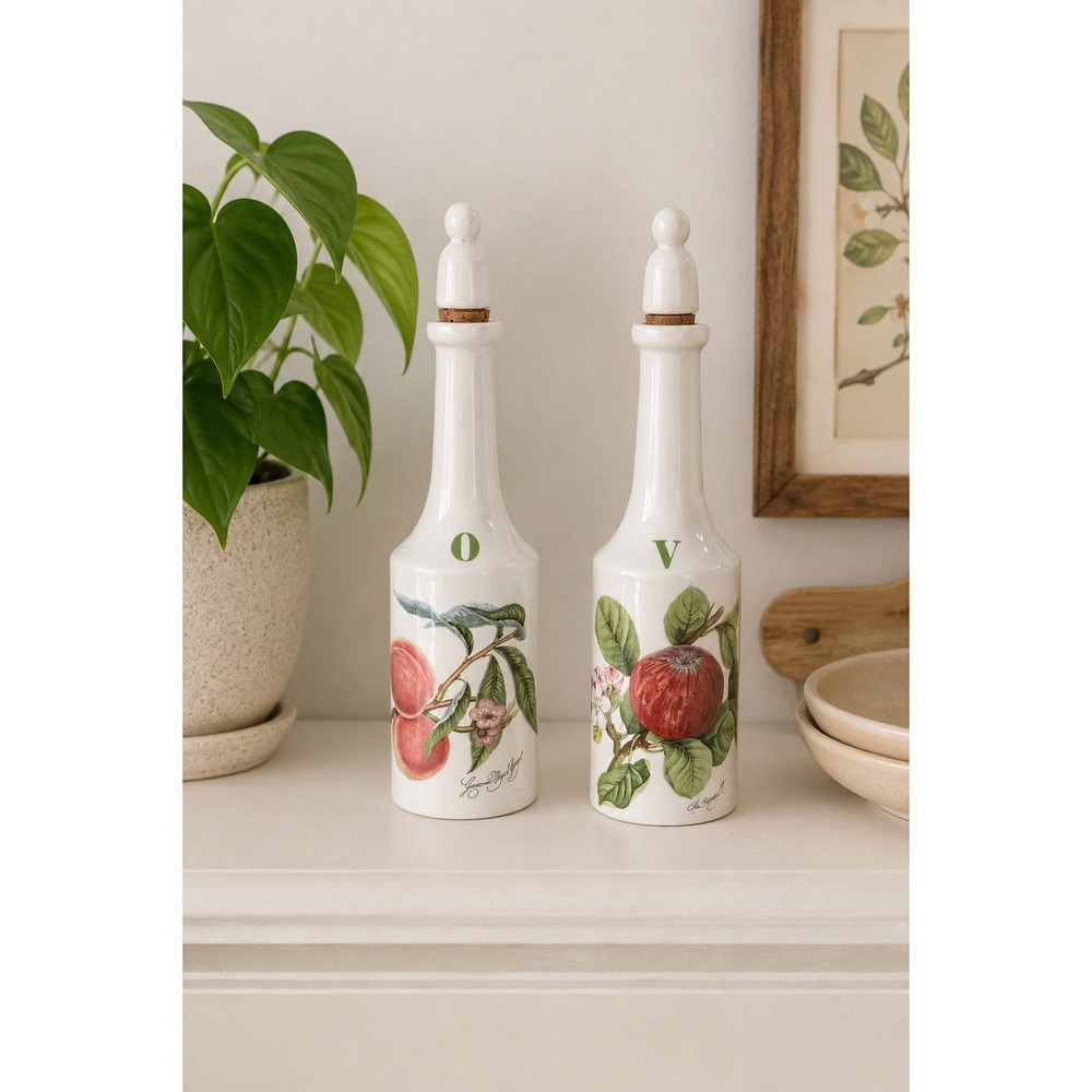 Portmeirion Pomona Oil & Vinegar Cruet Set England Fruit Bottles Cork Stoppers